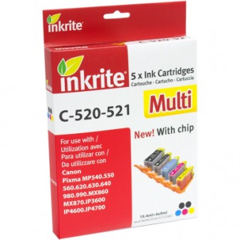 Set of 5 Compatible Canon CLI521BK/C/Y/M (+1 Extra Black) Inkjet Cartridges